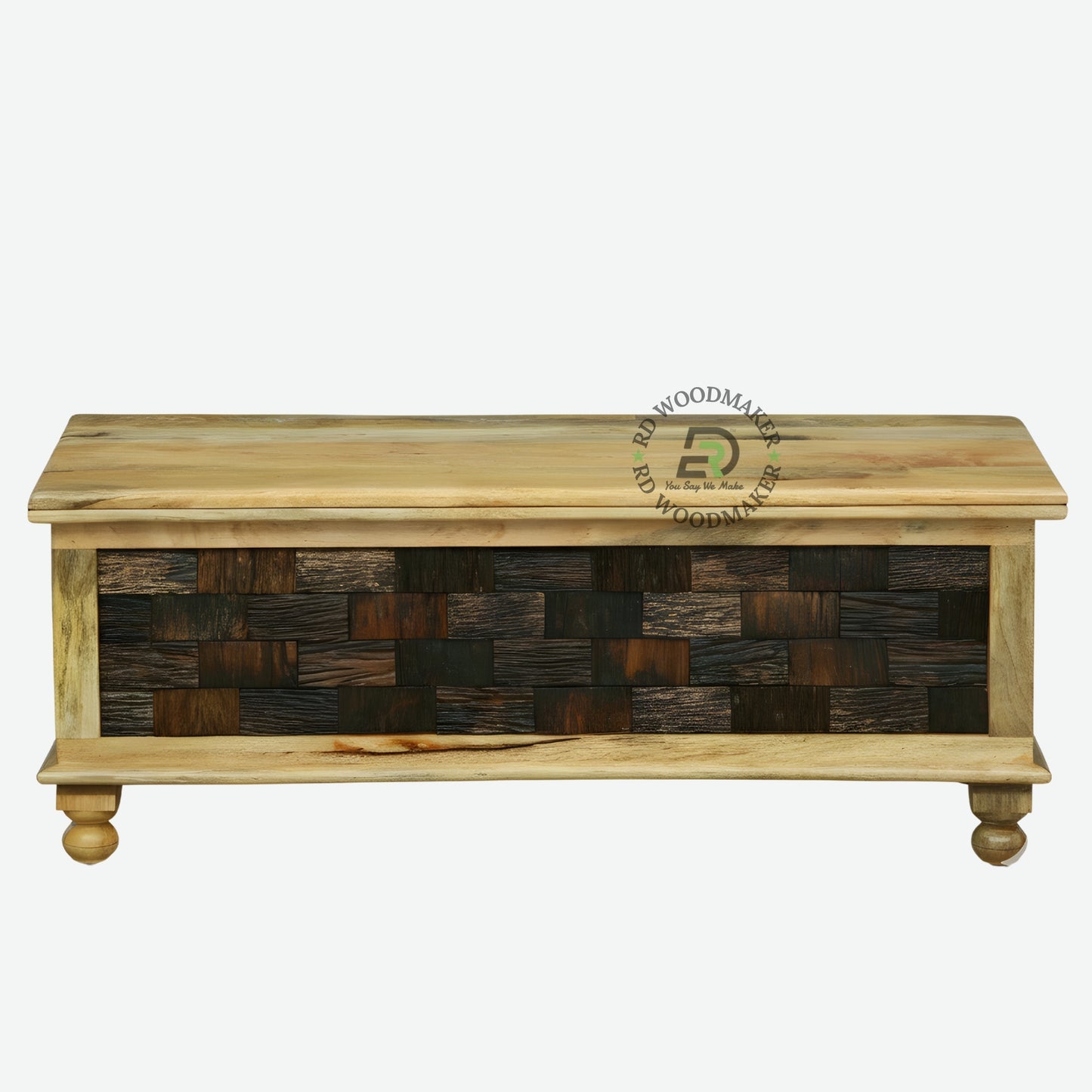 RUSTIC PATCHWORK WOODEN STORAGE TRUNK WITH MULTI-TONE PANEL DESIGN