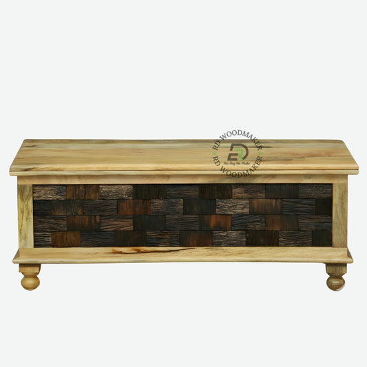 RUSTIC PATCHWORK WOODEN STORAGE TRUNK WITH MULTI-TONE PANEL DESIGN