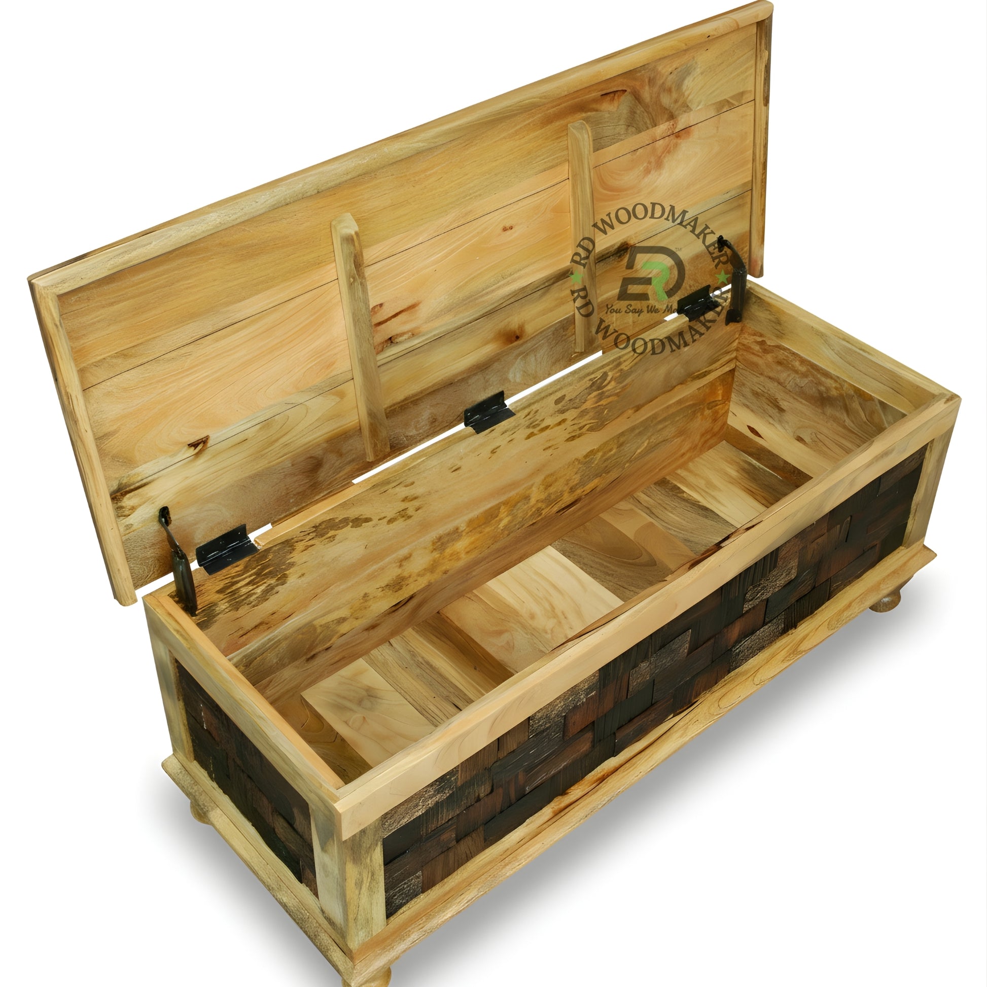 RUSTIC PATCHWORK WOODEN STORAGE TRUNK WITH MULTI-TONE PANEL DESIGN