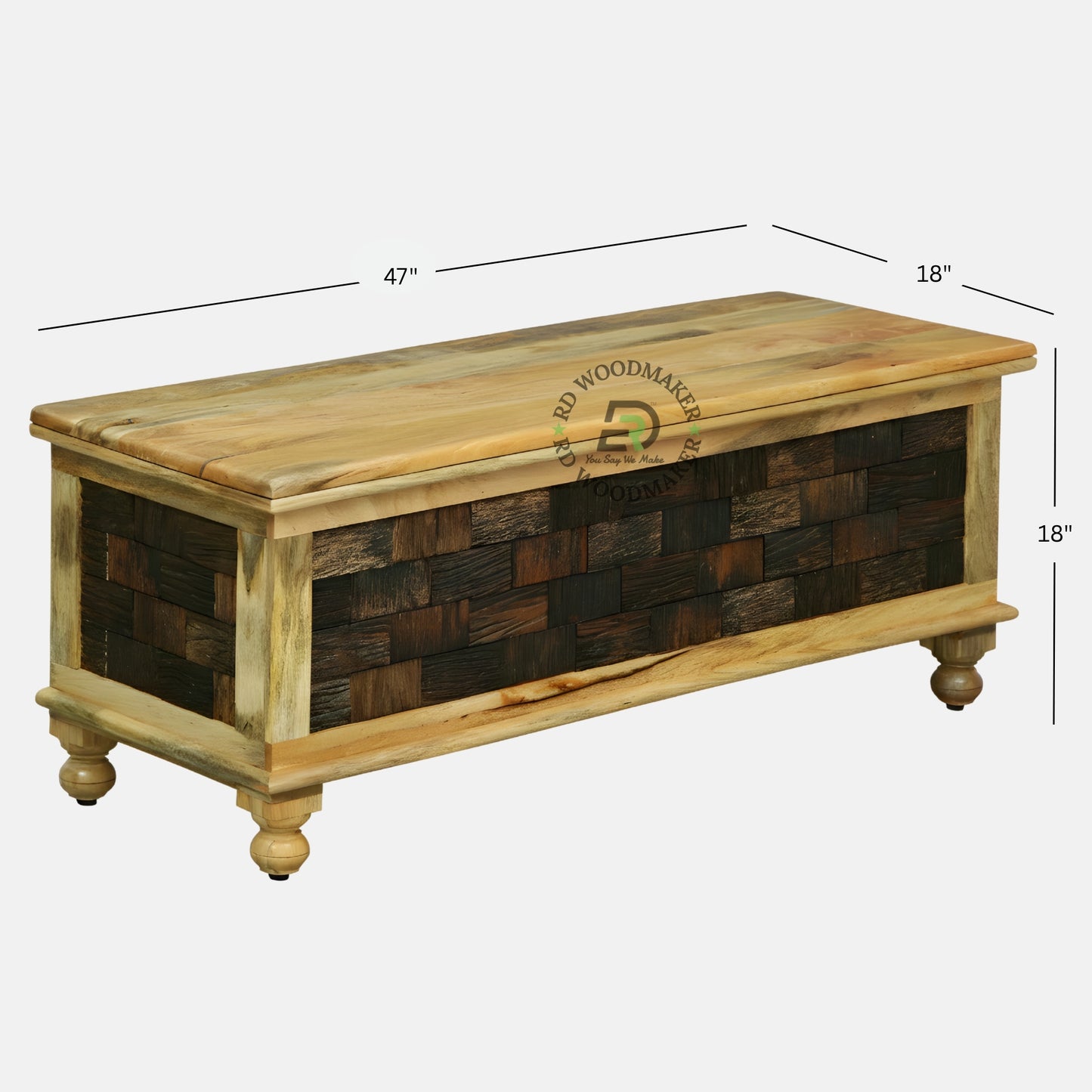 RUSTIC PATCHWORK WOODEN STORAGE TRUNK WITH MULTI-TONE PANEL DESIGN