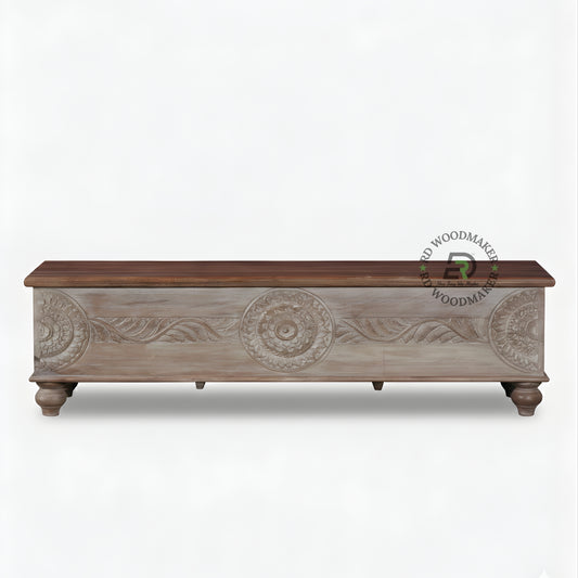 HANDCARVED ROUND MOTIF WOODEN STORAGE TRUNK WITH DUAL TONE FINISH