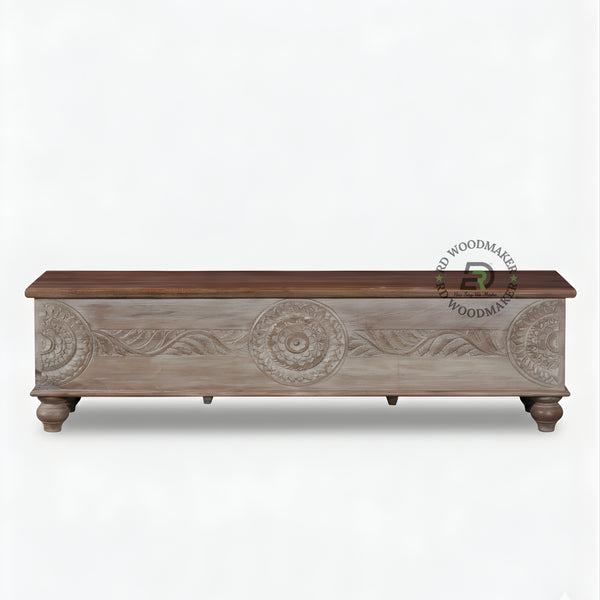 HANDCARVED ROUND MOTIF WOODEN STORAGE TRUNK WITH DUAL TONE FINISH