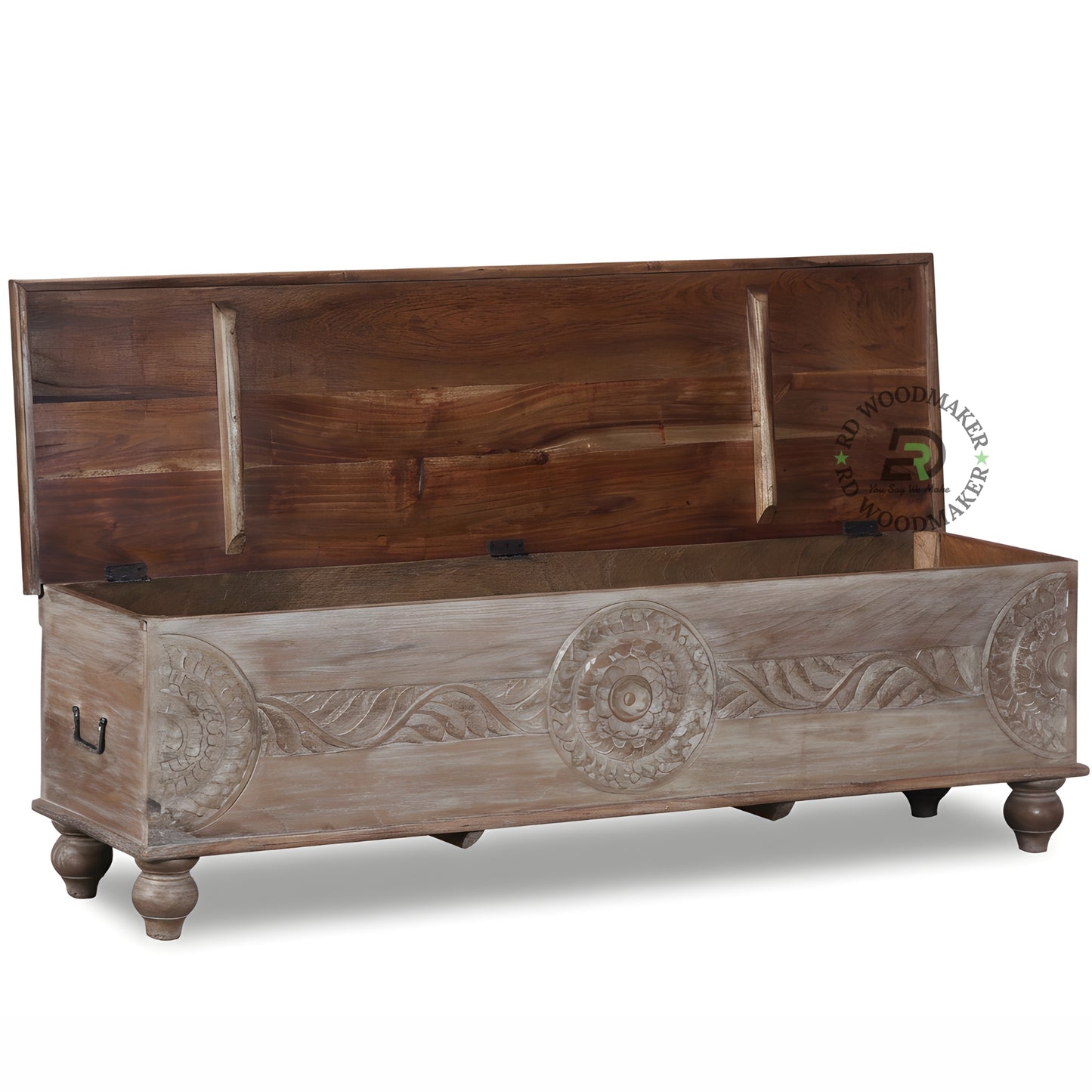 HANDCARVED ROUND MOTIF WOODEN STORAGE TRUNK WITH DUAL TONE FINISH