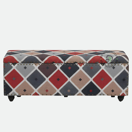 UPHOLSTERED GEOMETRIC FABRIC STORAGE TRUNK WITH PADDED TOP