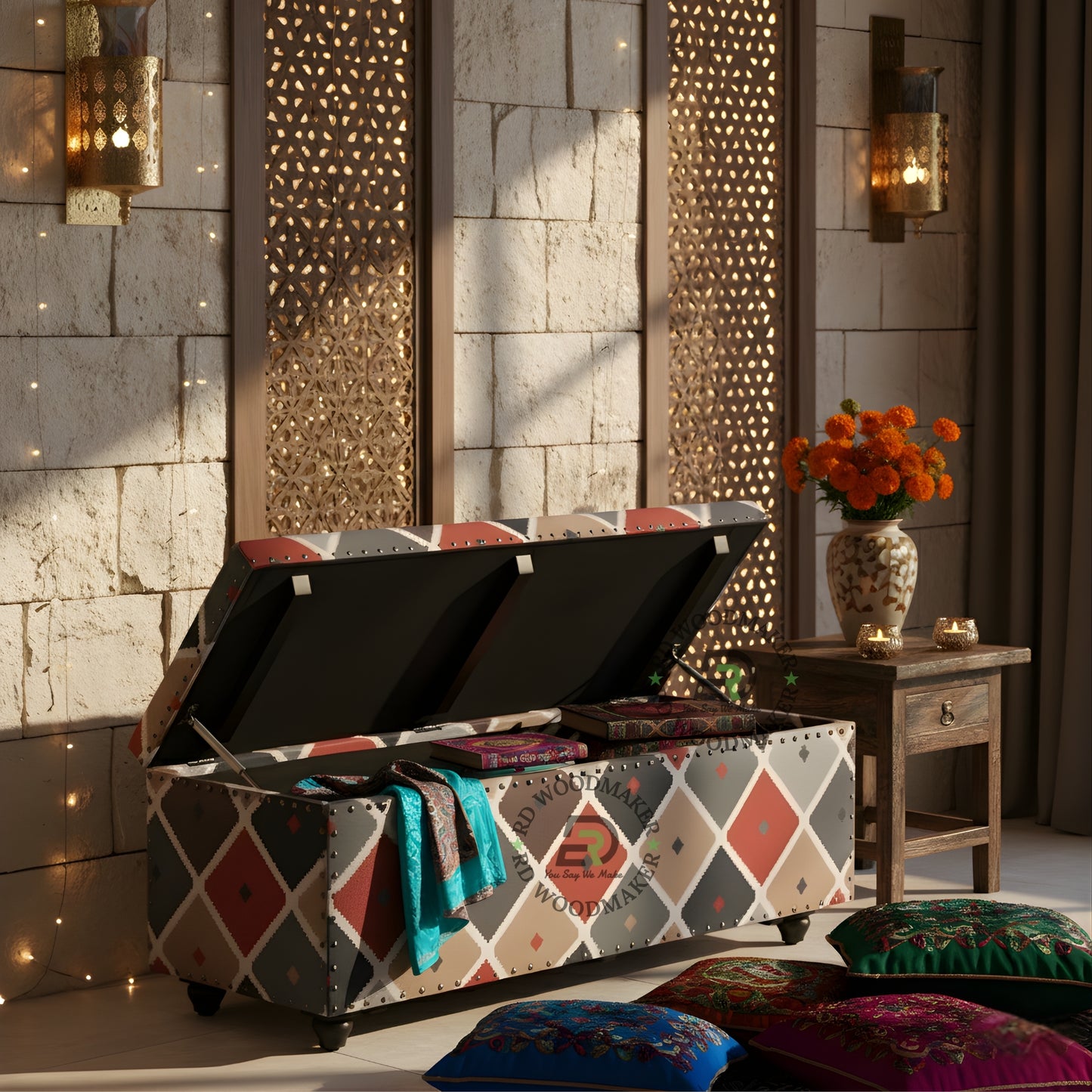 UPHOLSTERED GEOMETRIC FABRIC STORAGE TRUNK WITH PADDED TOP