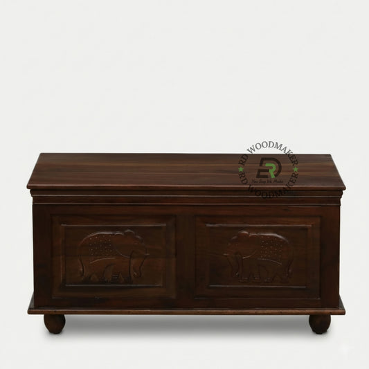 CLASSIC ELEPHANT CARVED SHEESHAM WOOD STORAGE TRUNK