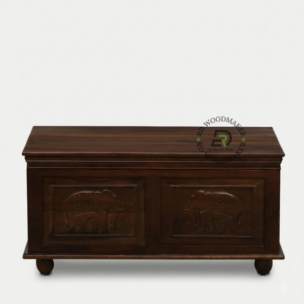 CLASSIC ELEPHANT CARVED SHEESHAM WOOD STORAGE TRUNK