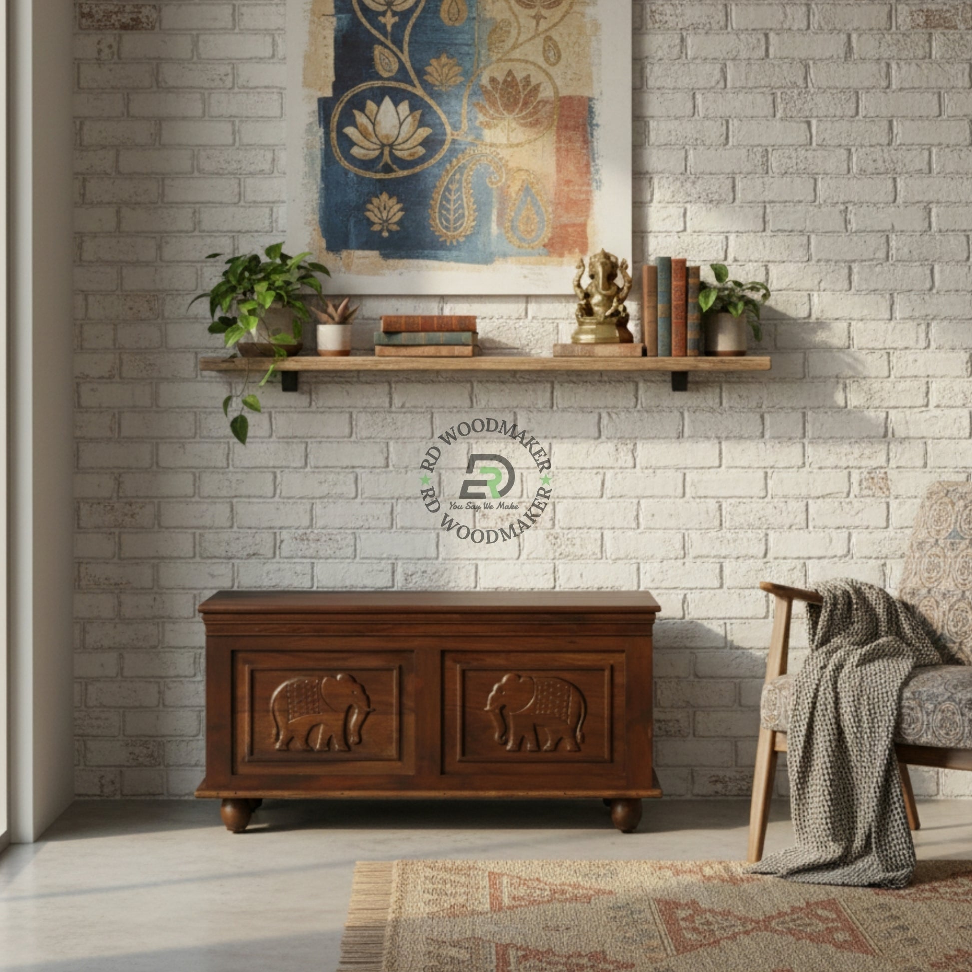 CLASSIC ELEPHANT CARVED SHEESHAM WOOD STORAGE TRUNK