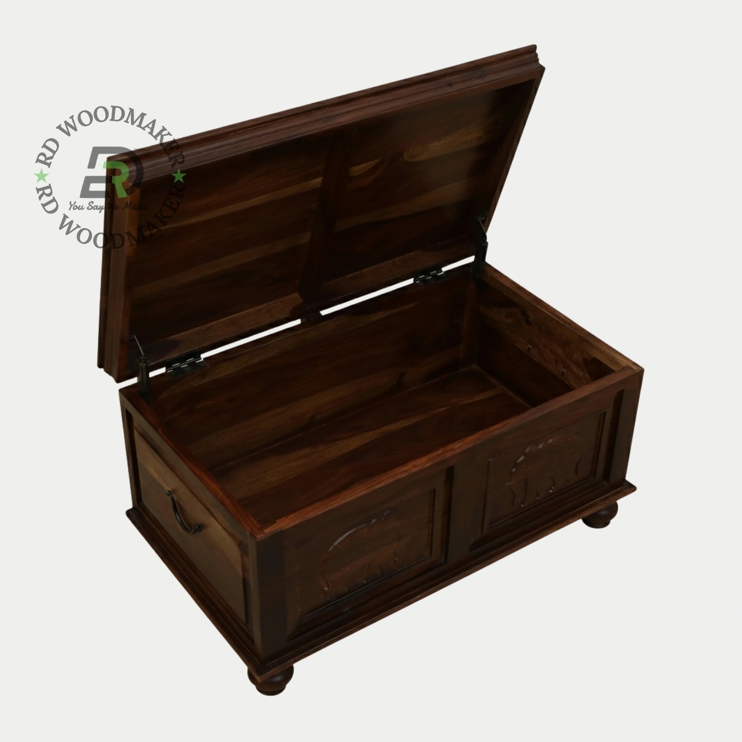 CLASSIC ELEPHANT CARVED SHEESHAM WOOD STORAGE TRUNK