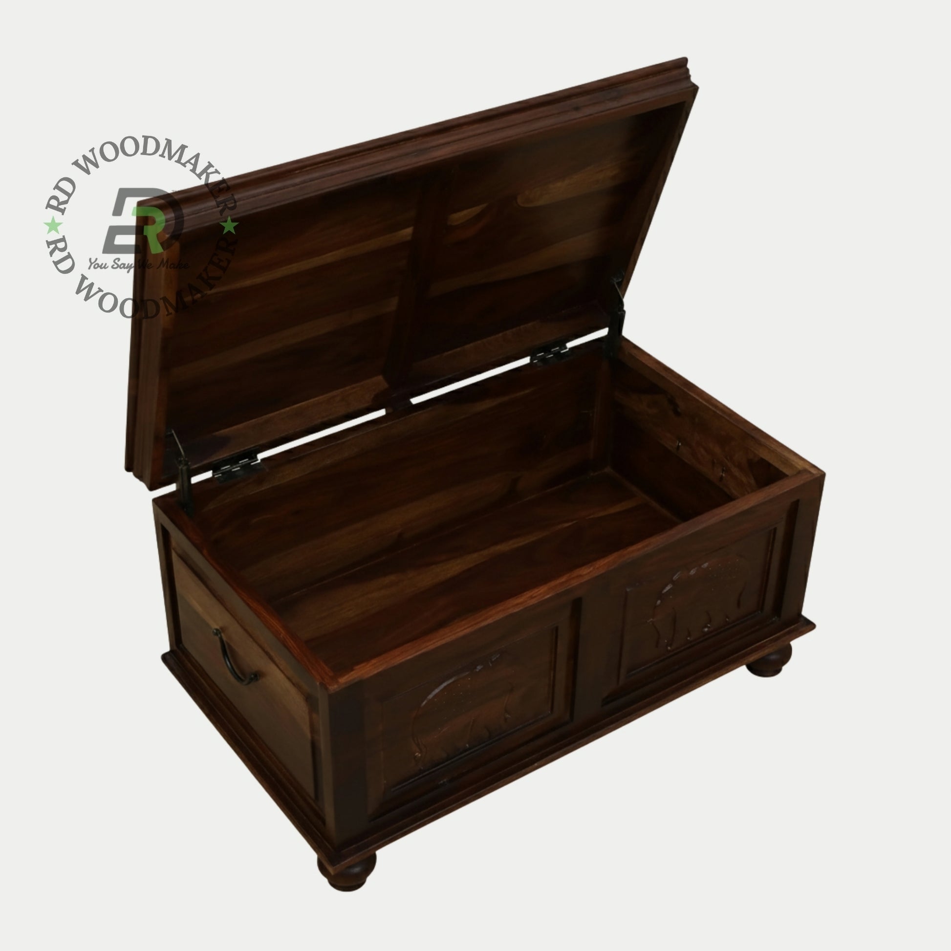 CLASSIC ELEPHANT CARVED SHEESHAM WOOD STORAGE TRUNK