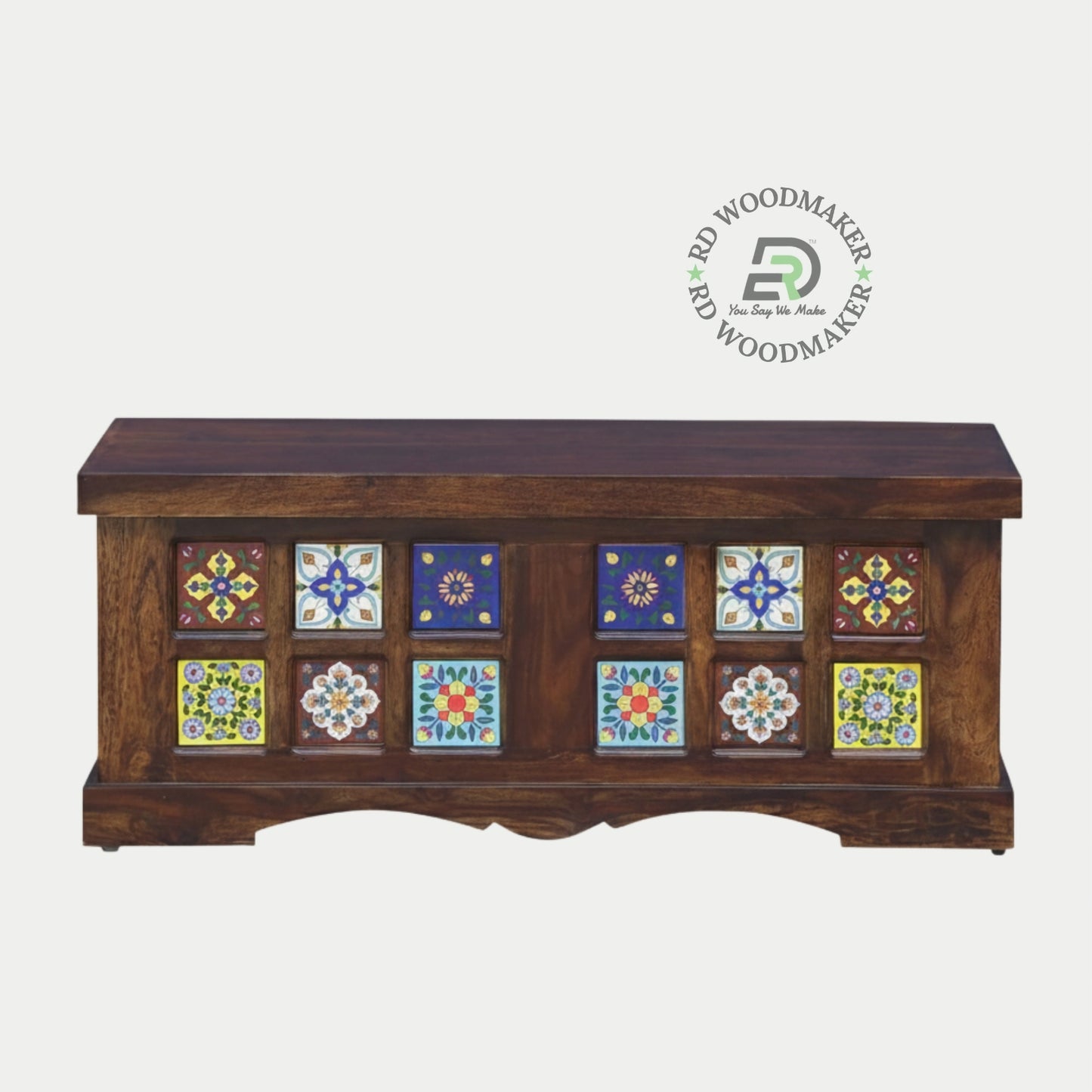 HANDCRAFTED TILE DESIGN WOODEN STORAGE TRUNK