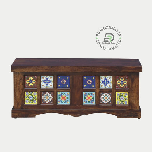 HANDCRAFTED TILE DESIGN WOODEN STORAGE TRUNK