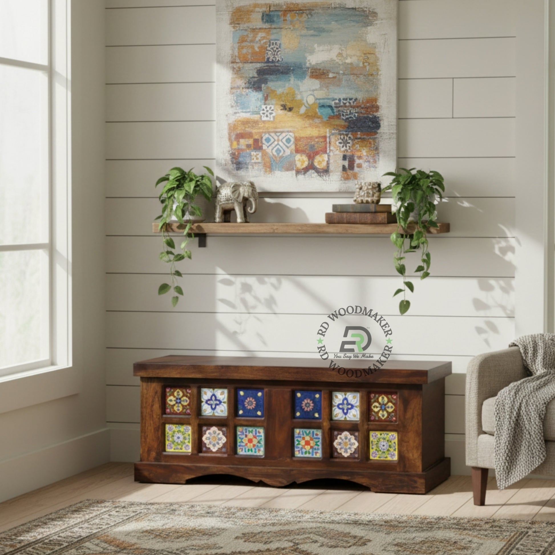 HANDCRAFTED TILE DESIGN WOODEN STORAGE TRUNK