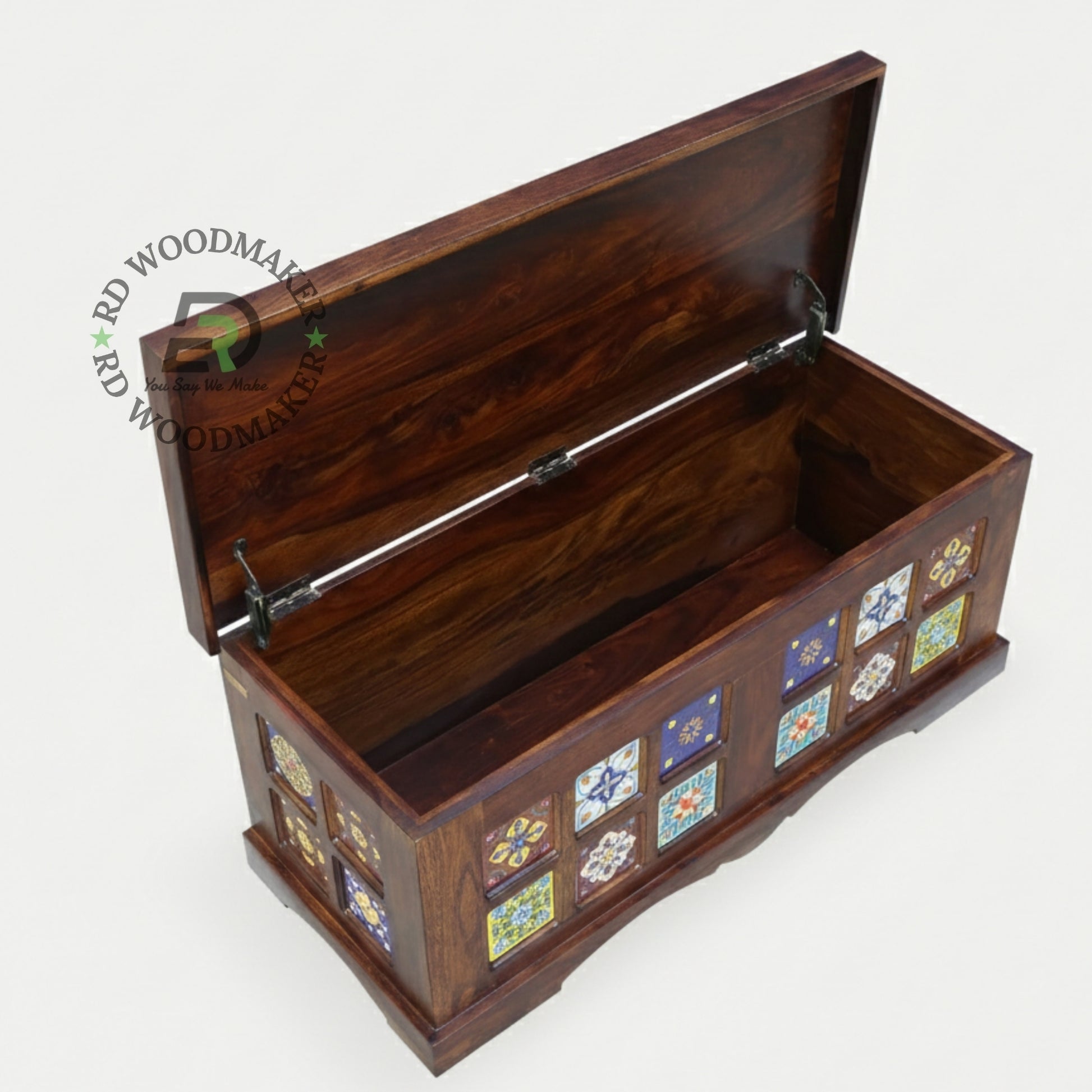 HANDCRAFTED TILE DESIGN WOODEN STORAGE TRUNK