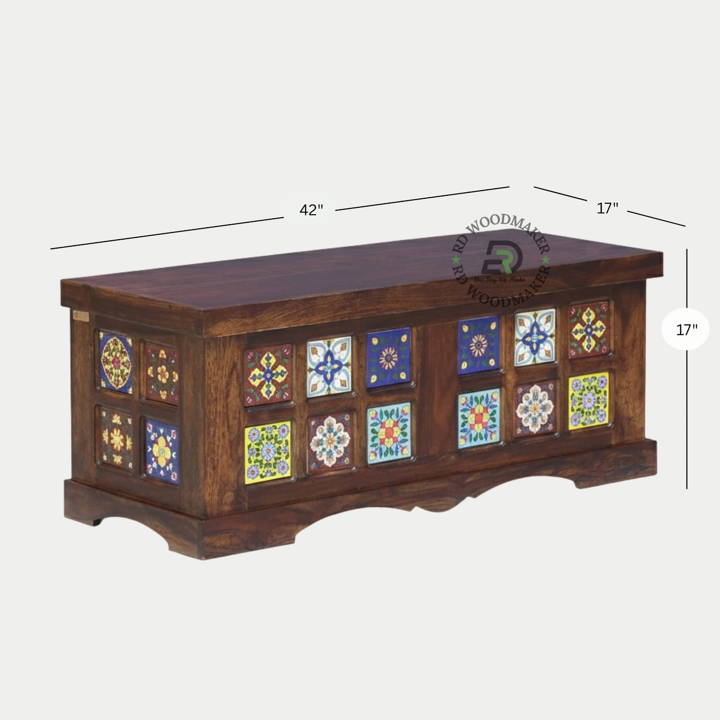 HANDCRAFTED TILE DESIGN WOODEN STORAGE TRUNK