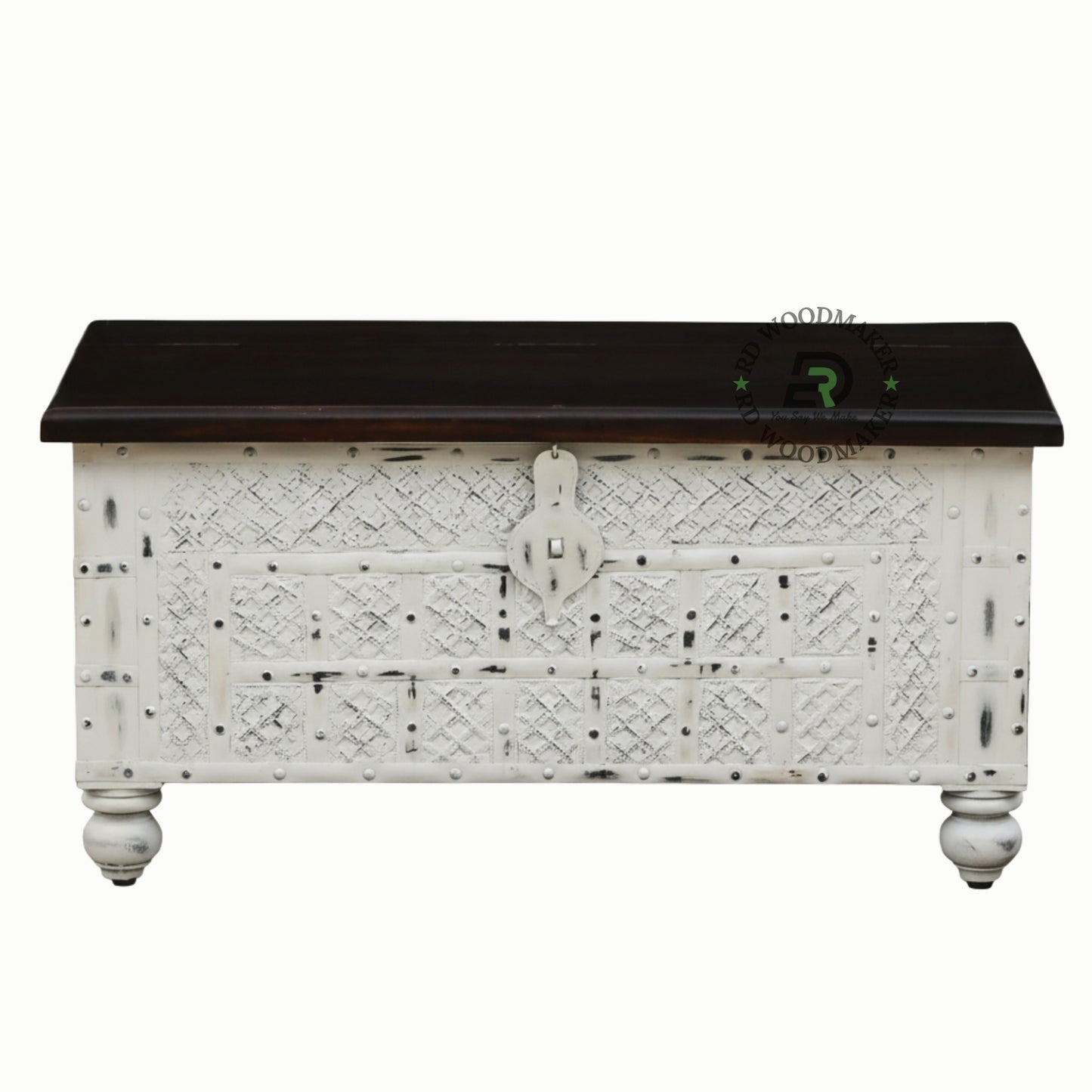 VINTAGE WHITE DISTRESSED WOODEN STORAGE TRUNK