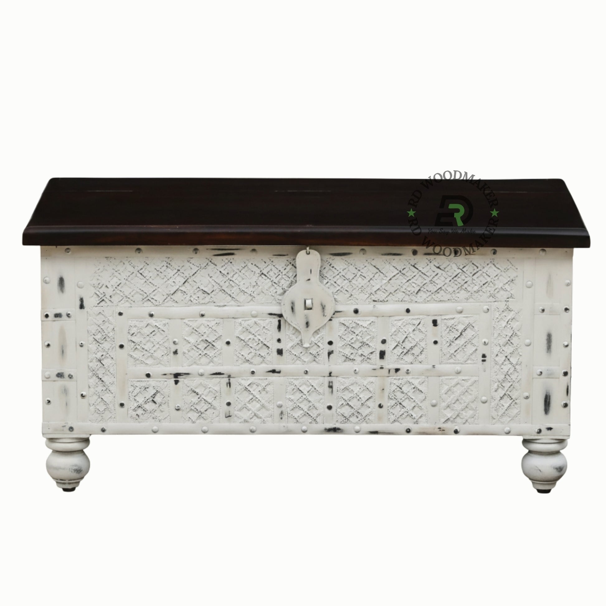 VINTAGE WHITE DISTRESSED WOODEN STORAGE TRUNK