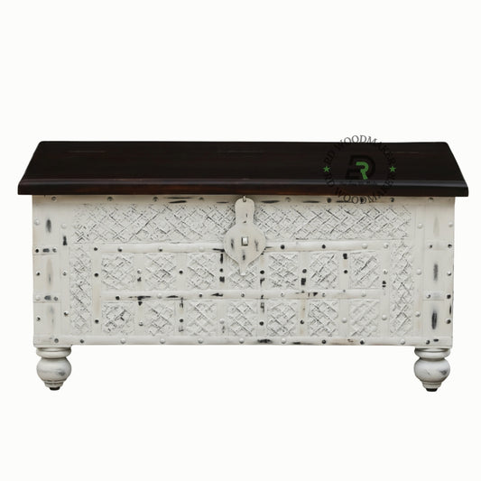 VINTAGE WHITE DISTRESSED WOODEN STORAGE TRUNK