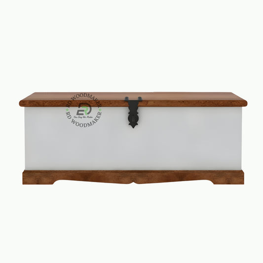 MODERN WHITE WOOD STORAGE TRUNK WITH METAL LOCK