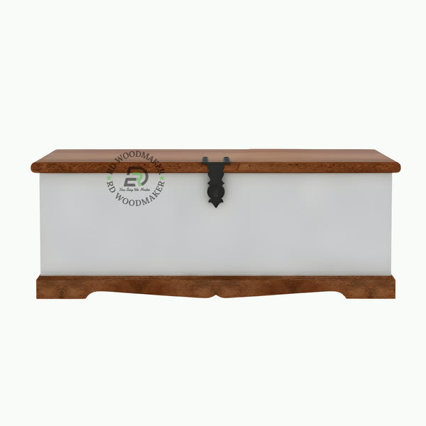 MODERN WHITE WOOD STORAGE TRUNK WITH METAL LOCK