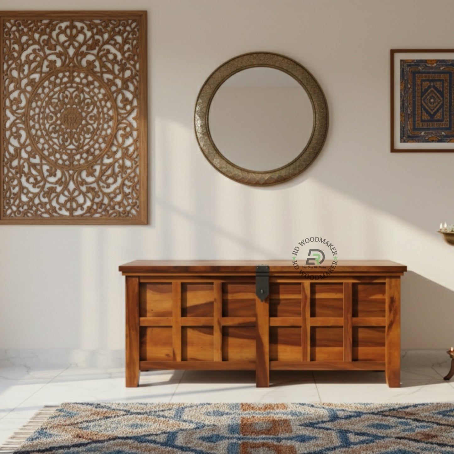 CLASSIC LARGE WOODEN STORAGE TRUNK WITH LOCKING SYSTEM