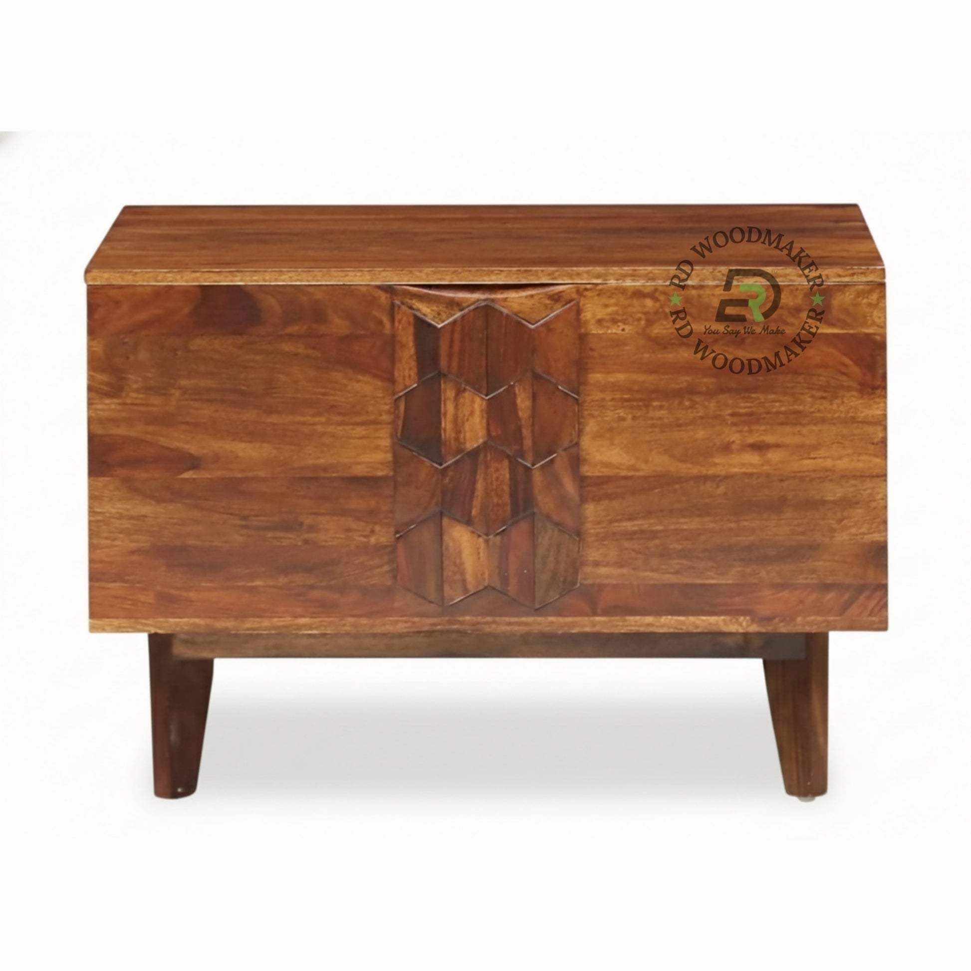 MODERN GEOMETRIC PANEL SHEESHAM WOOD STORAGE TRUNK