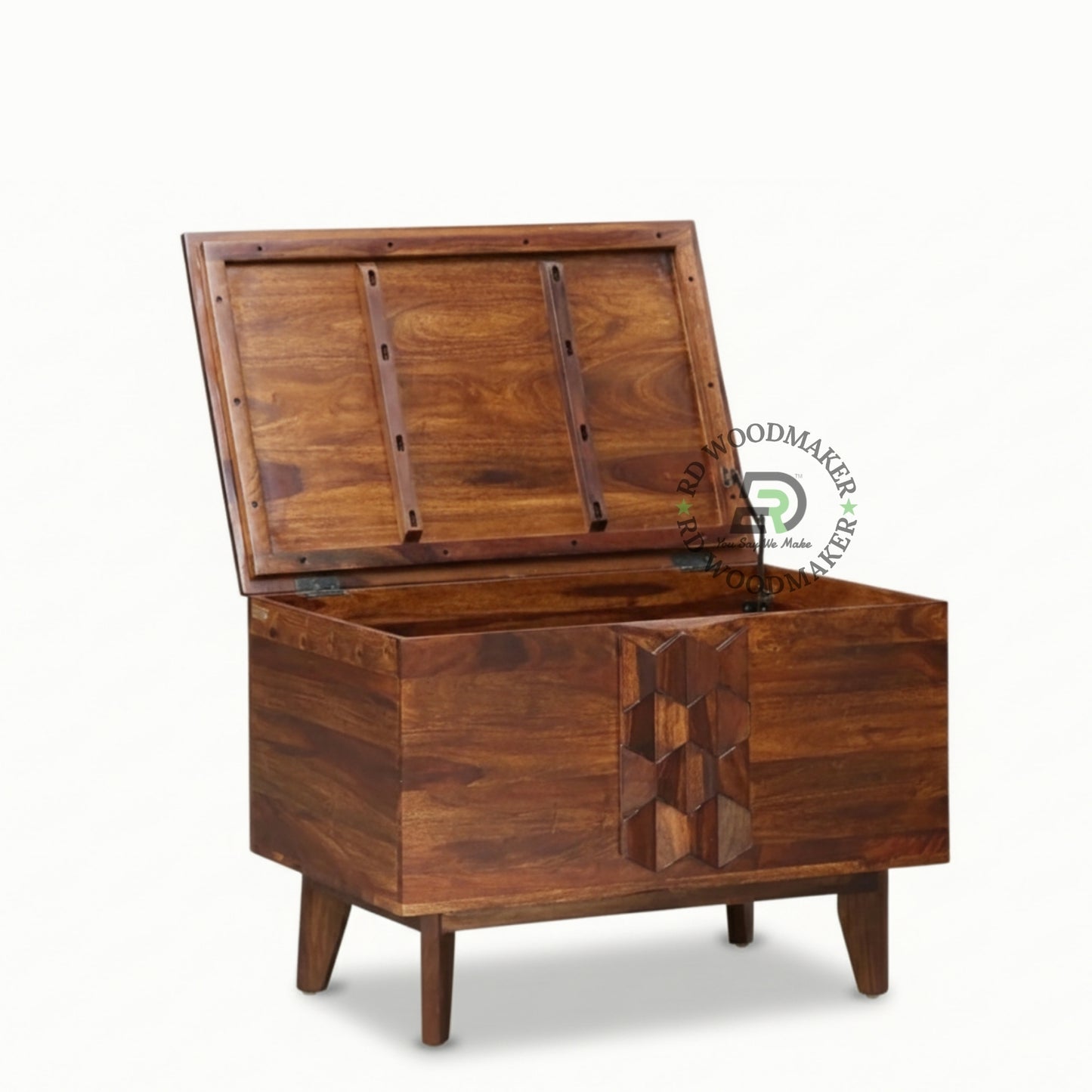 MODERN GEOMETRIC PANEL SHEESHAM WOOD STORAGE TRUNK