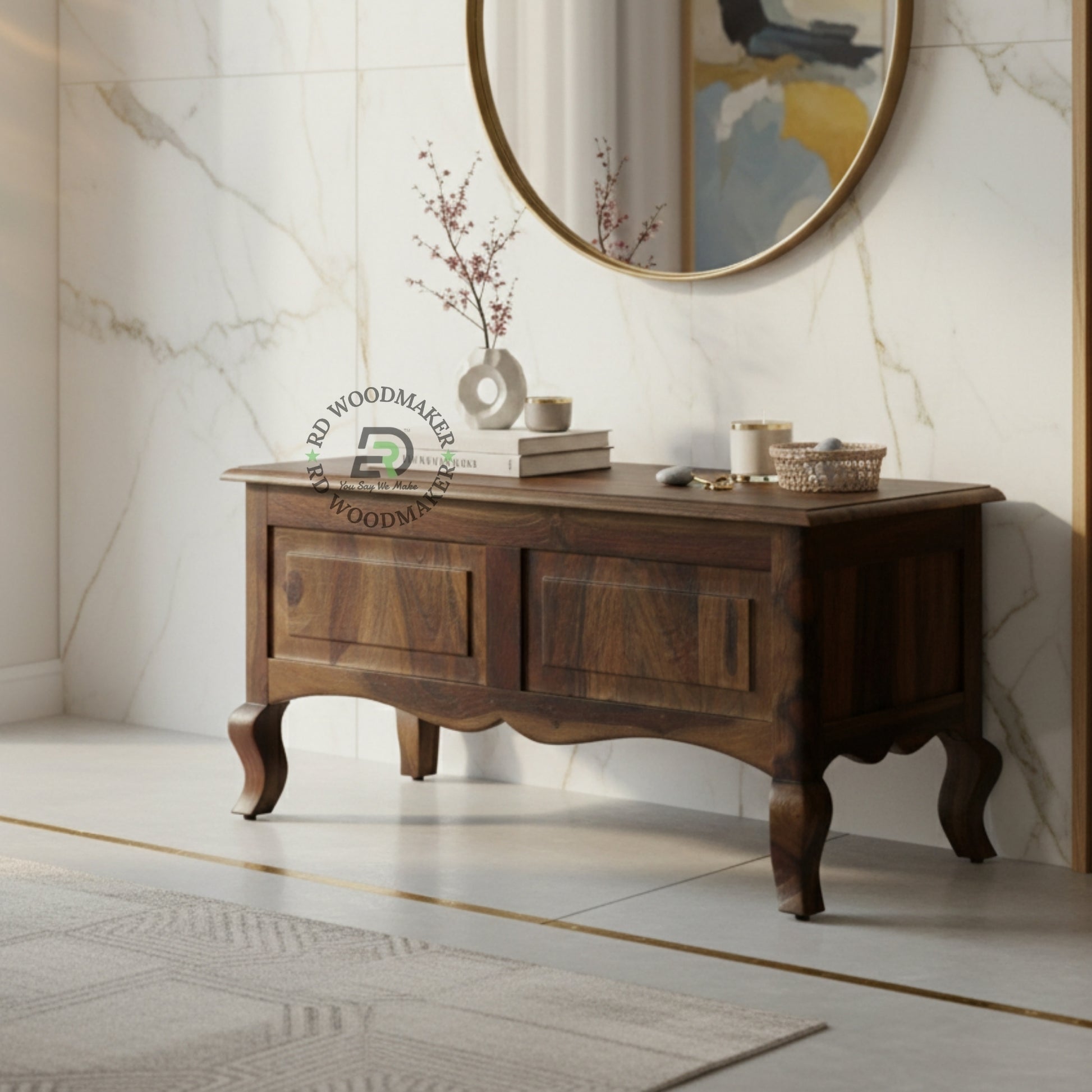 CLASSIC CURVED LEG WOODEN STORAGE TRUNK WITH DRAWER DESIGN