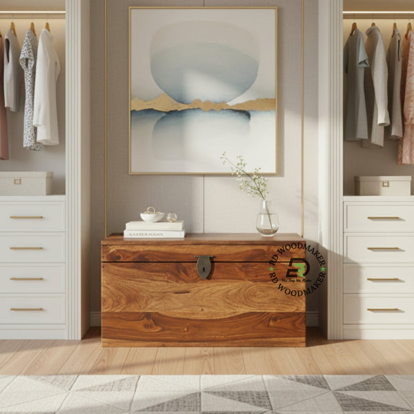 SHEESHAM WOOD LOCKABLE STORAGE TRUNK WITH METAL LATCH