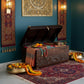 HANDCARVED DESIGNER WOODEN STORAGE TRUNK WITH BRASS ACCENTS