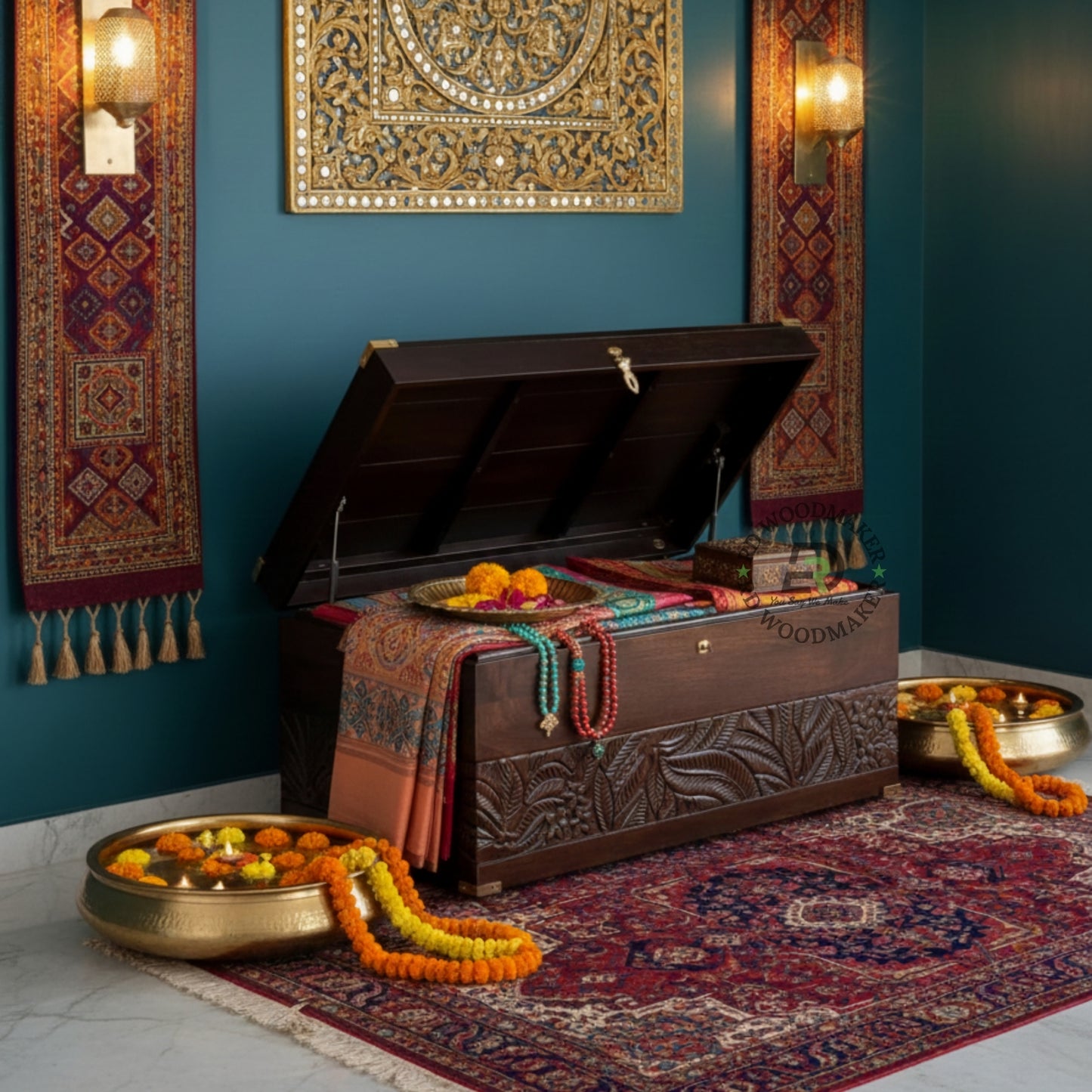HANDCARVED DESIGNER WOODEN STORAGE TRUNK WITH BRASS ACCENTS