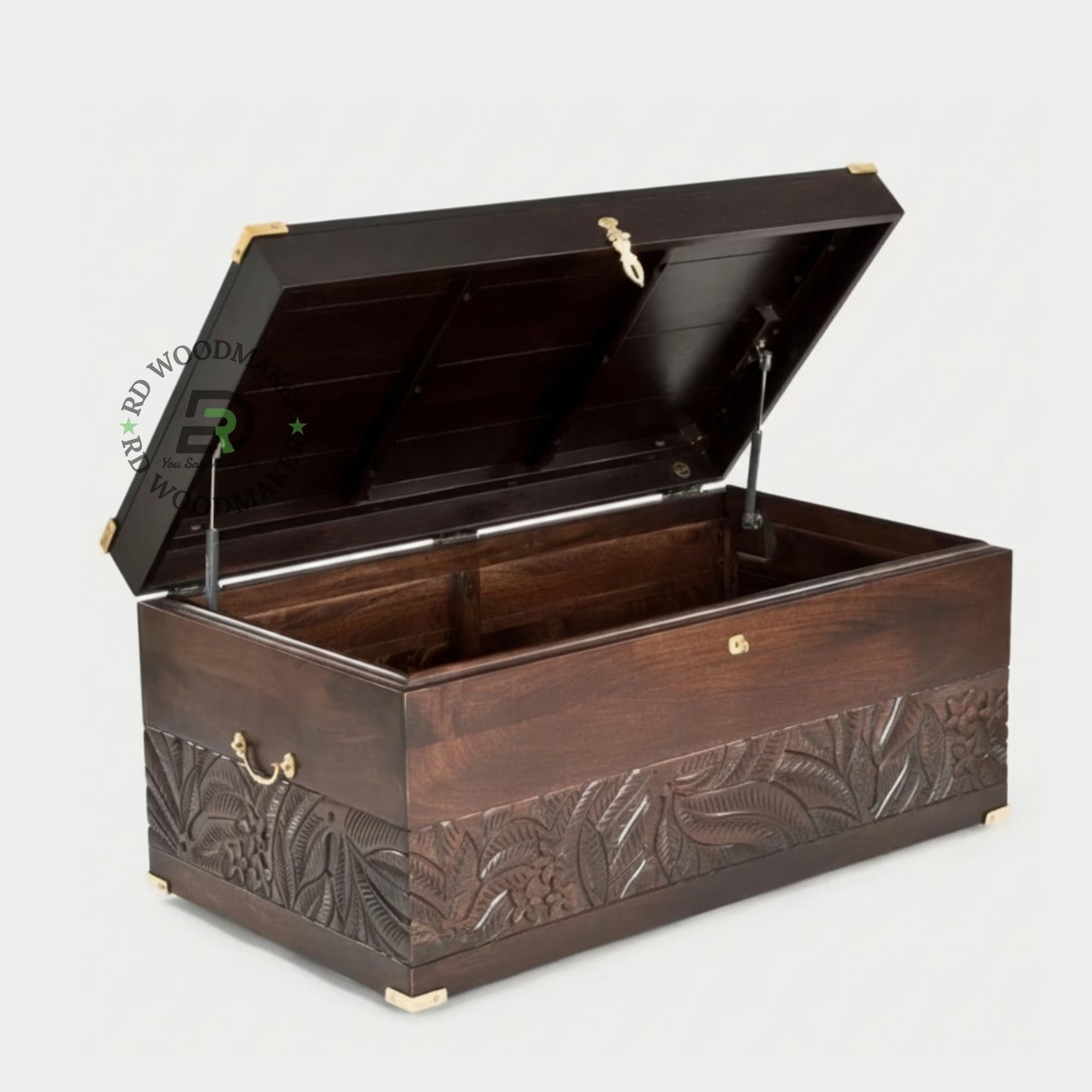 HANDCARVED DESIGNER WOODEN STORAGE TRUNK WITH BRASS ACCENTS
