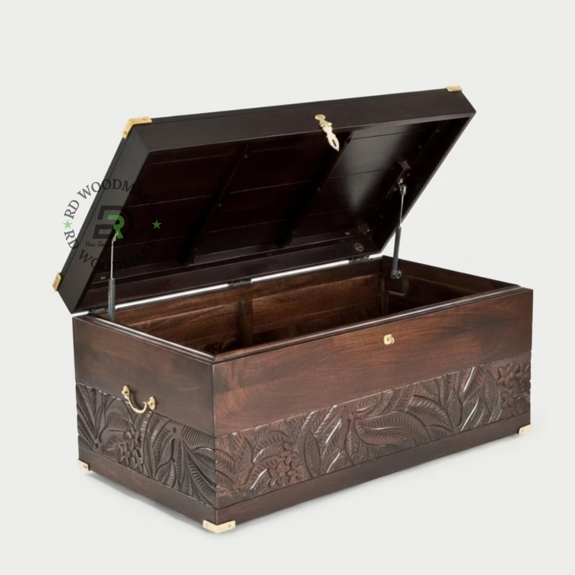 HANDCARVED DESIGNER WOODEN STORAGE TRUNK WITH BRASS ACCENTS
