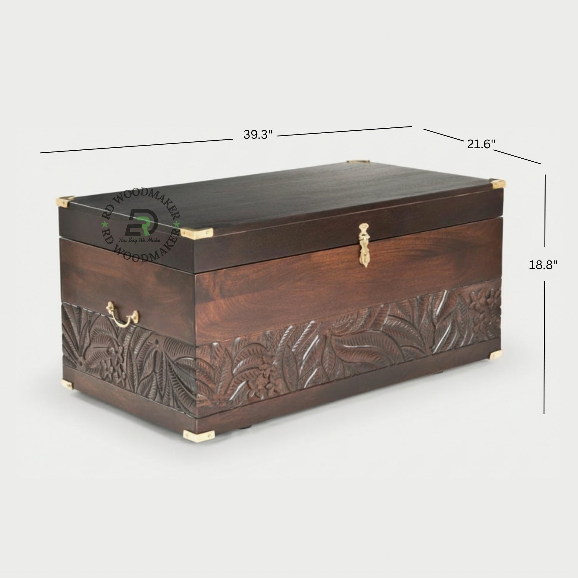HANDCARVED DESIGNER WOODEN STORAGE TRUNK WITH BRASS ACCENTS