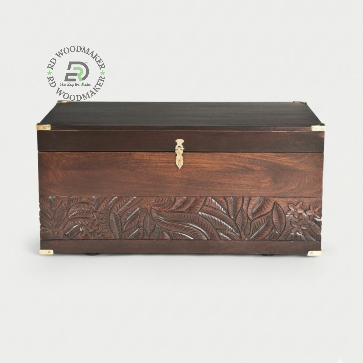 HANDCARVED DESIGNER WOODEN STORAGE TRUNK WITH BRASS ACCENTS