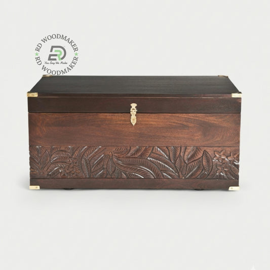 HANDCARVED DESIGNER WOODEN STORAGE TRUNK WITH BRASS ACCENTS