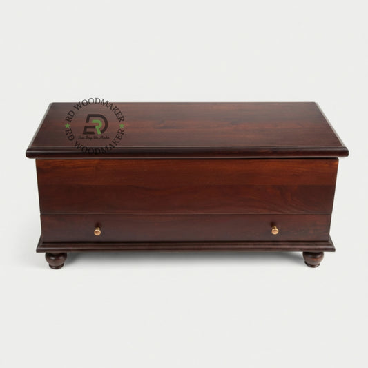 CLASSIC DARK WOOD STORAGE TRUNK WITH DRAWER & TURNED LEGS