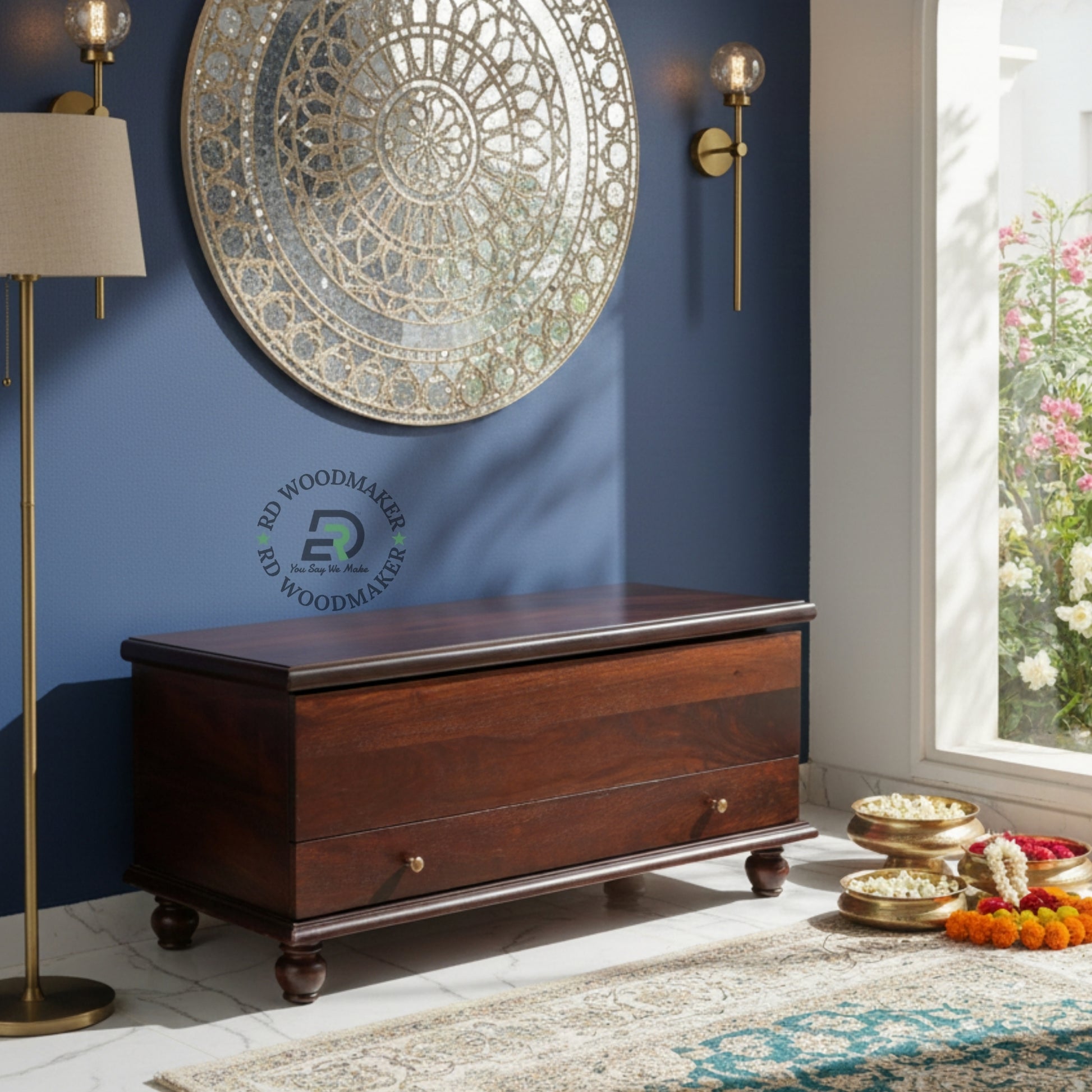CLASSIC DARK WOOD STORAGE TRUNK WITH DRAWER & TURNED LEGS