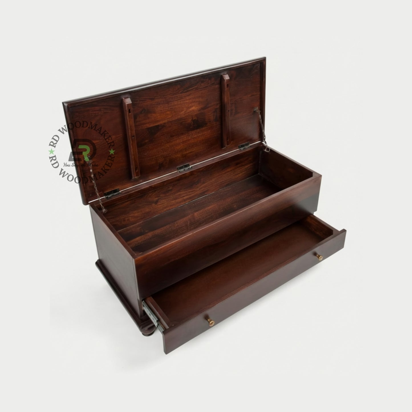 CLASSIC DARK WOOD STORAGE TRUNK WITH DRAWER & TURNED LEGS