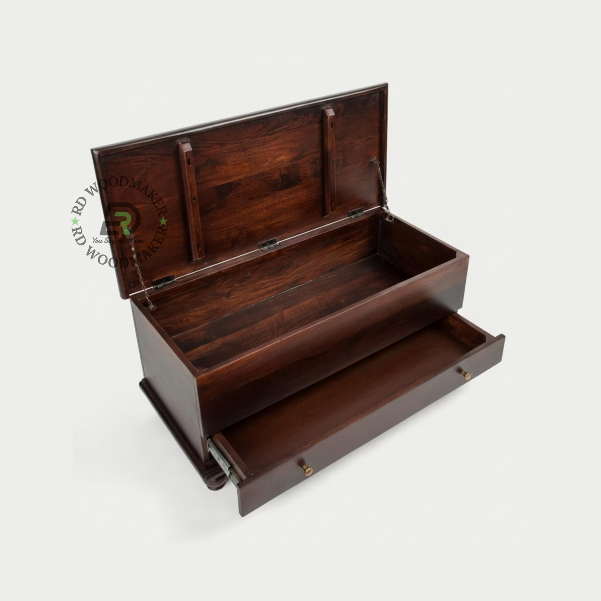 CLASSIC DARK WOOD STORAGE TRUNK WITH DRAWER & TURNED LEGS