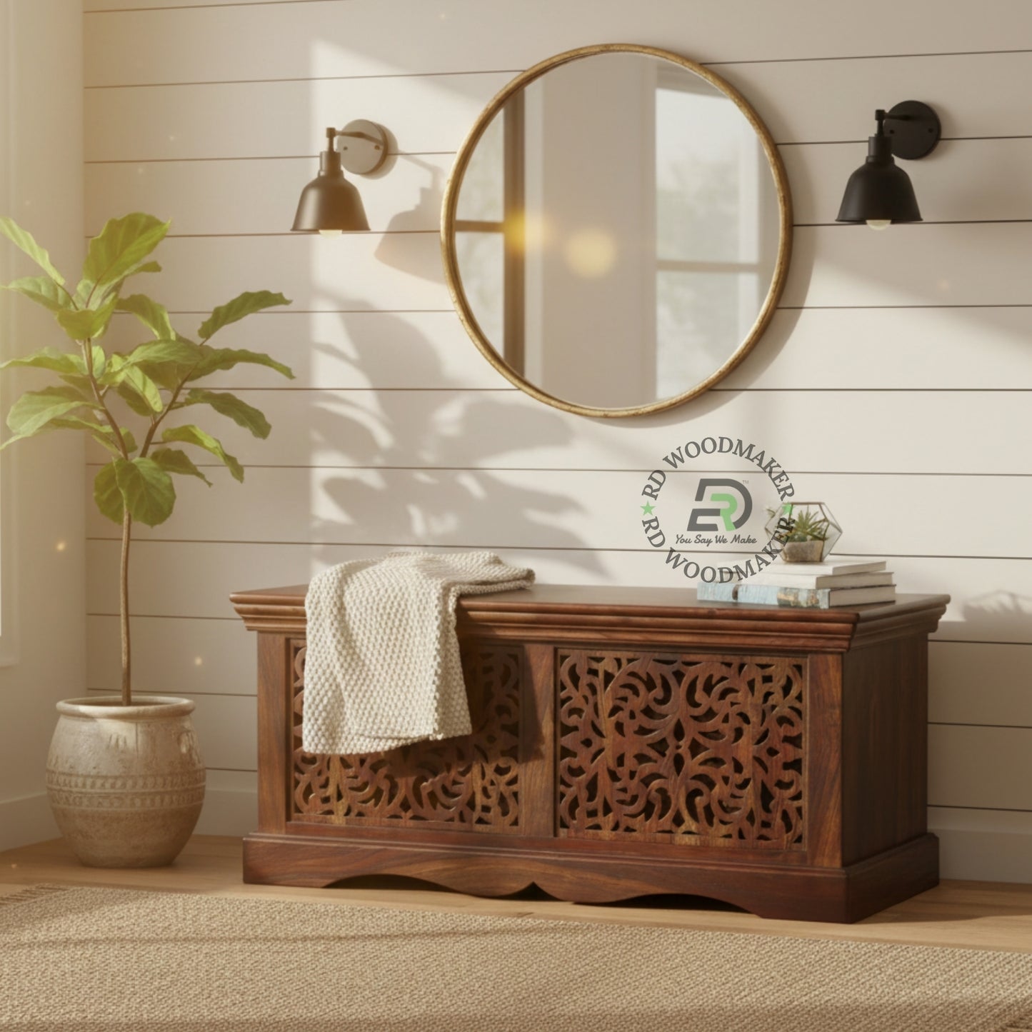 HANDCARVED JALI DESIGN WOODEN STORAGE TRUNK