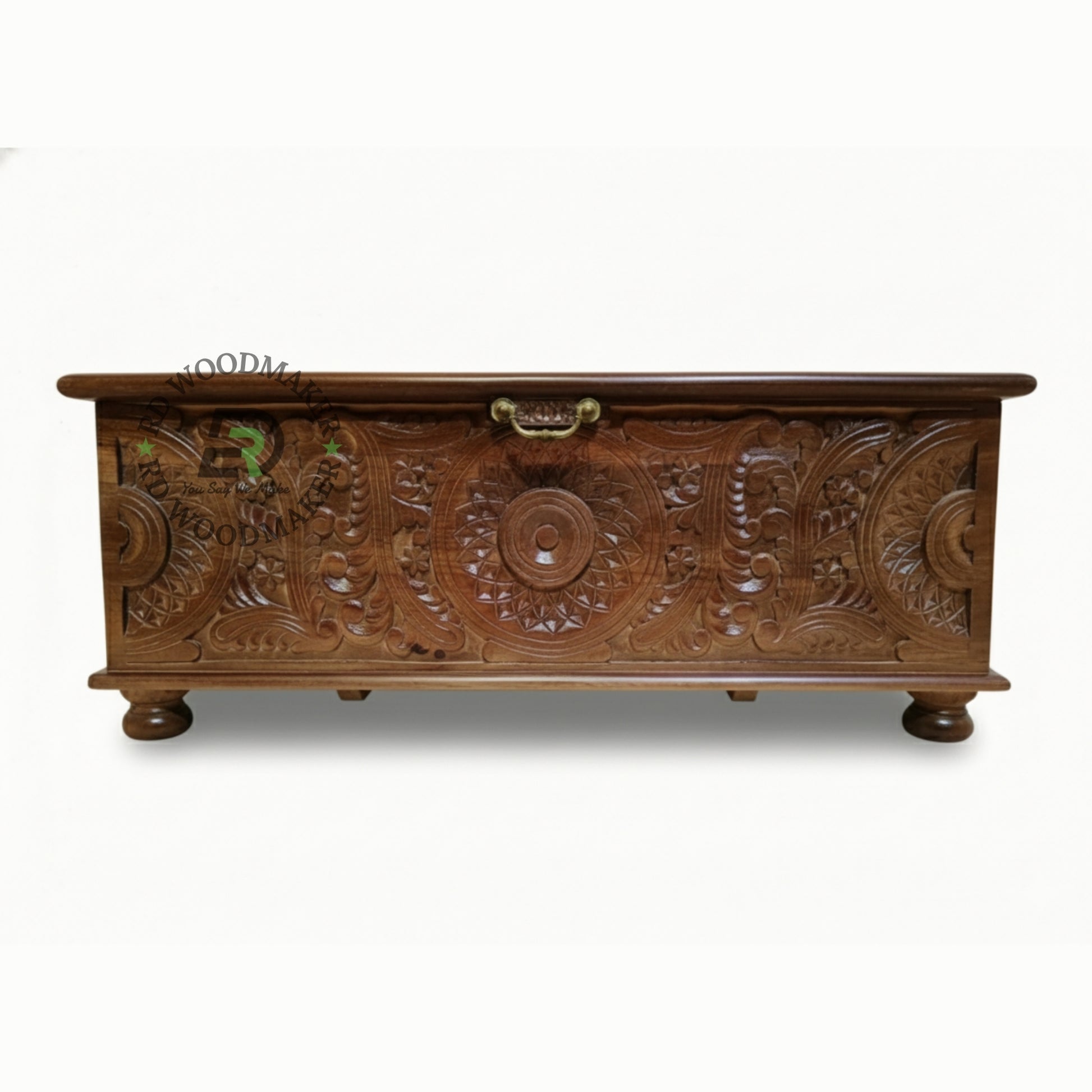 TRADITIONAL HANDCARVED FLORAL WOODEN STORAGE TRUNK