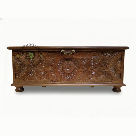 TRADITIONAL HANDCARVED FLORAL WOODEN STORAGE TRUNK