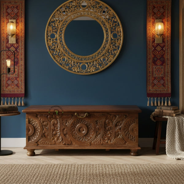 TRADITIONAL HANDCARVED FLORAL WOODEN STORAGE TRUNK