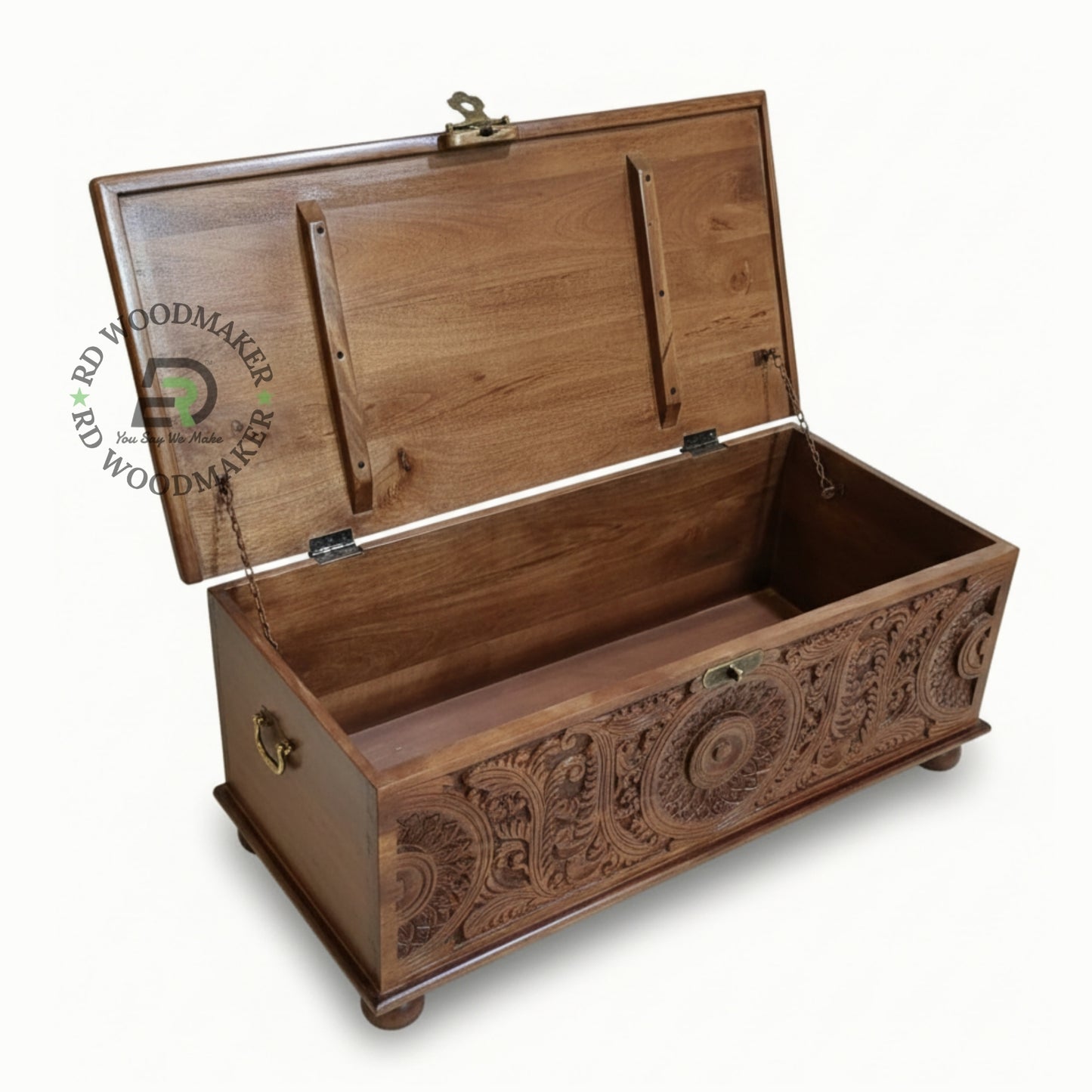 TRADITIONAL HANDCARVED FLORAL WOODEN STORAGE TRUNK