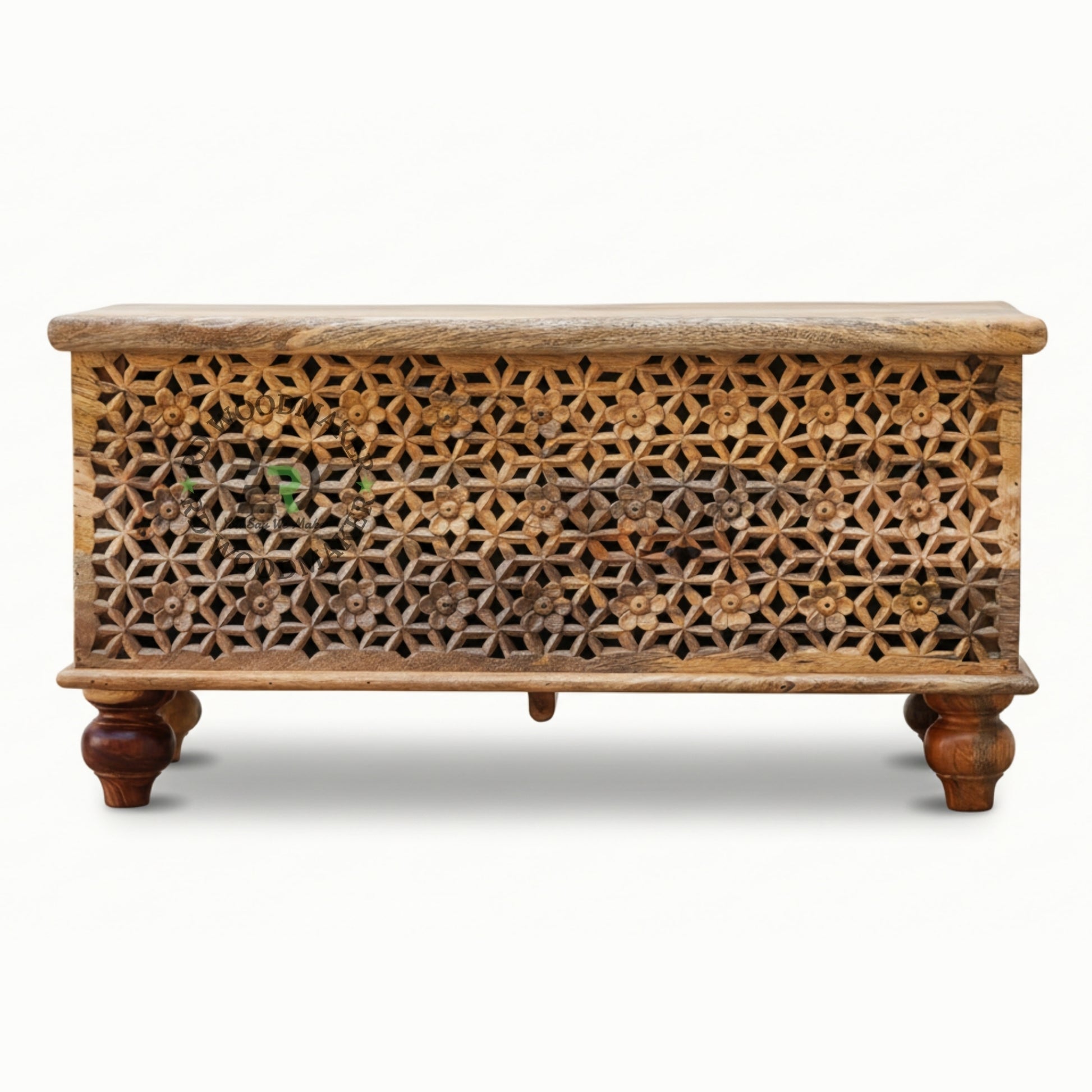 HANDCARVED GEOMETRIC LATTICE WOODEN STORAGE TRUNK