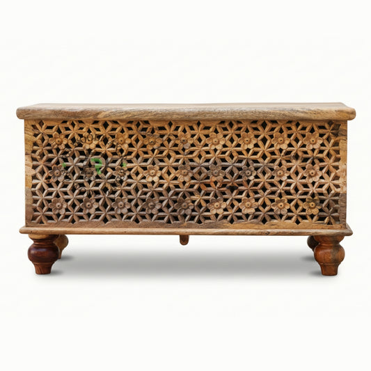 HANDCARVED GEOMETRIC LATTICE WOODEN STORAGE TRUNK