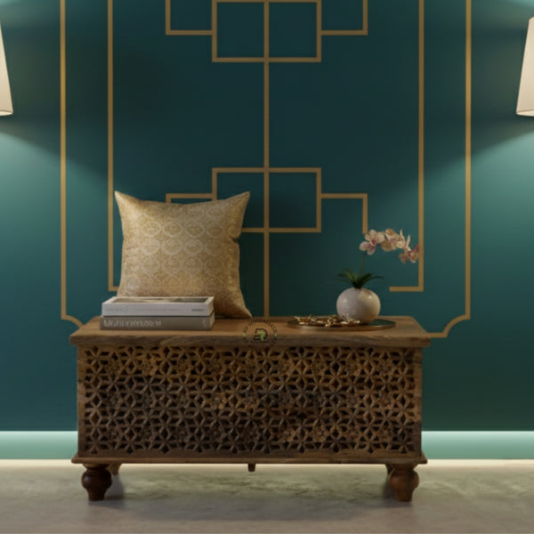 HANDCARVED GEOMETRIC LATTICE WOODEN STORAGE TRUNK