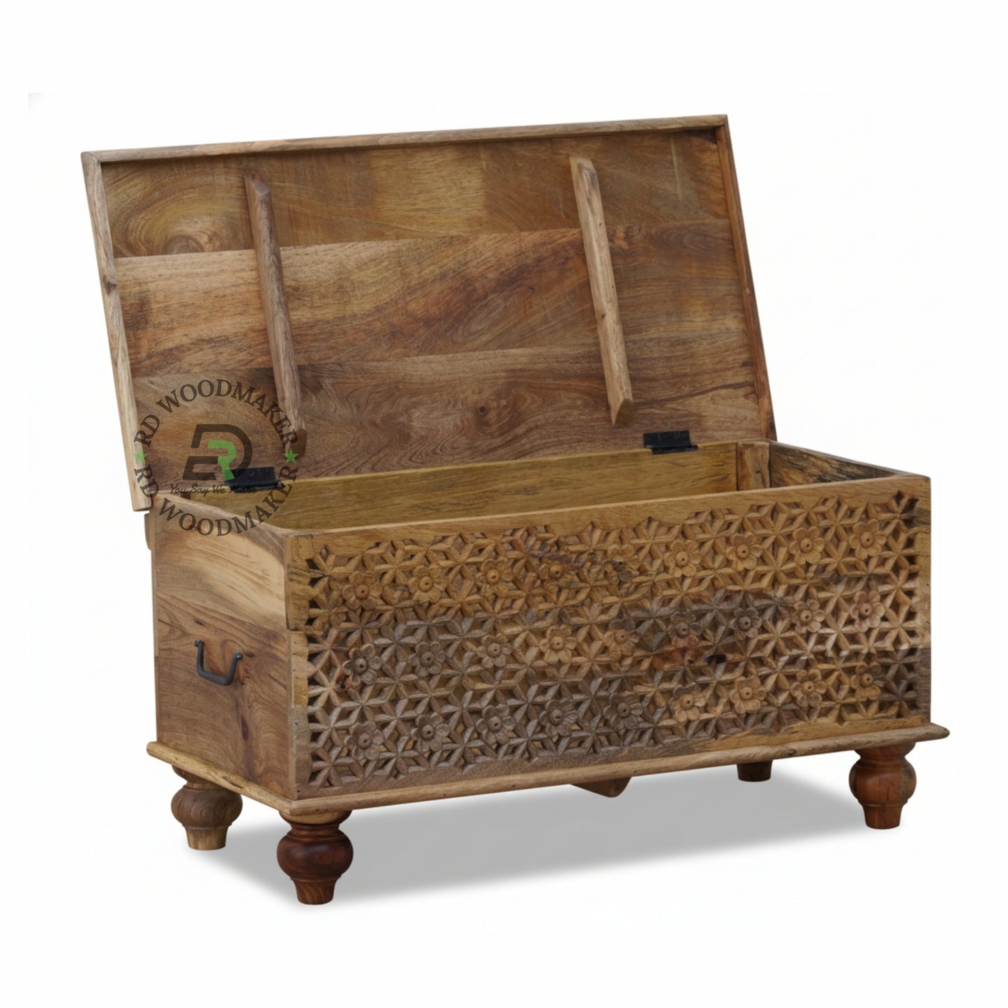 HANDCARVED GEOMETRIC LATTICE WOODEN STORAGE TRUNK