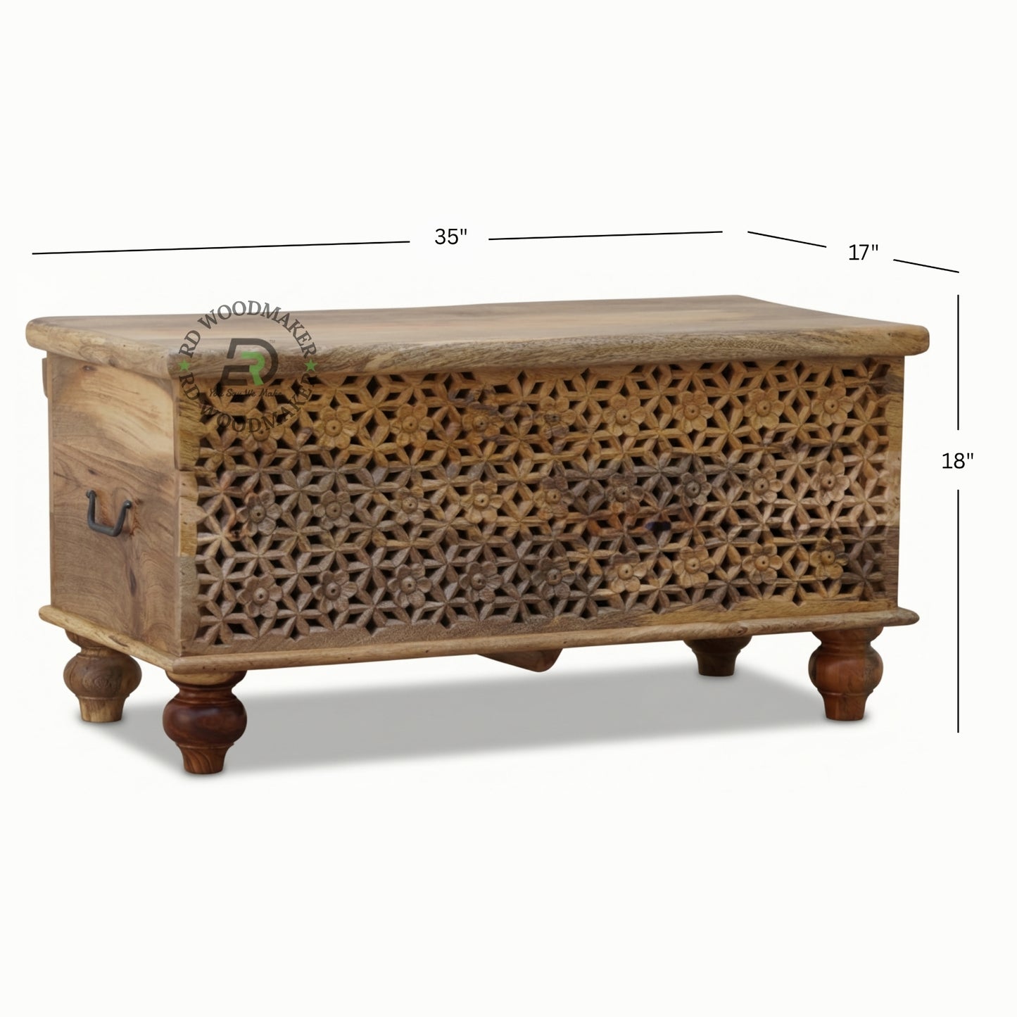 HANDCARVED GEOMETRIC LATTICE WOODEN STORAGE TRUNK